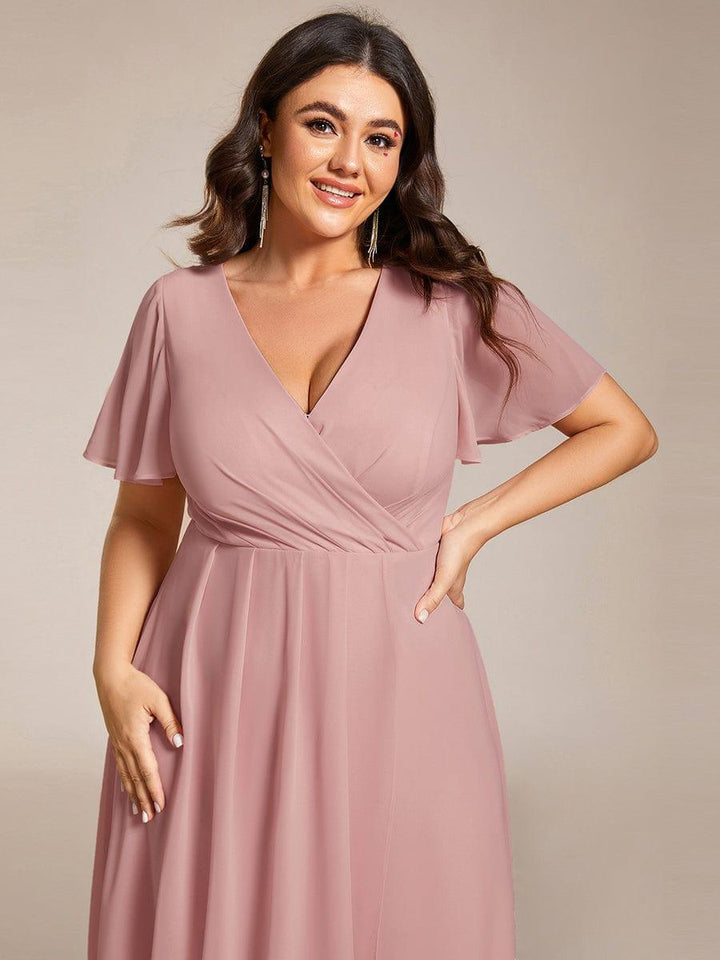 ever LARK|Ruffles Sleeve Pleated V-Neck A-Line Midi Chiffon Wedding Guest Dress