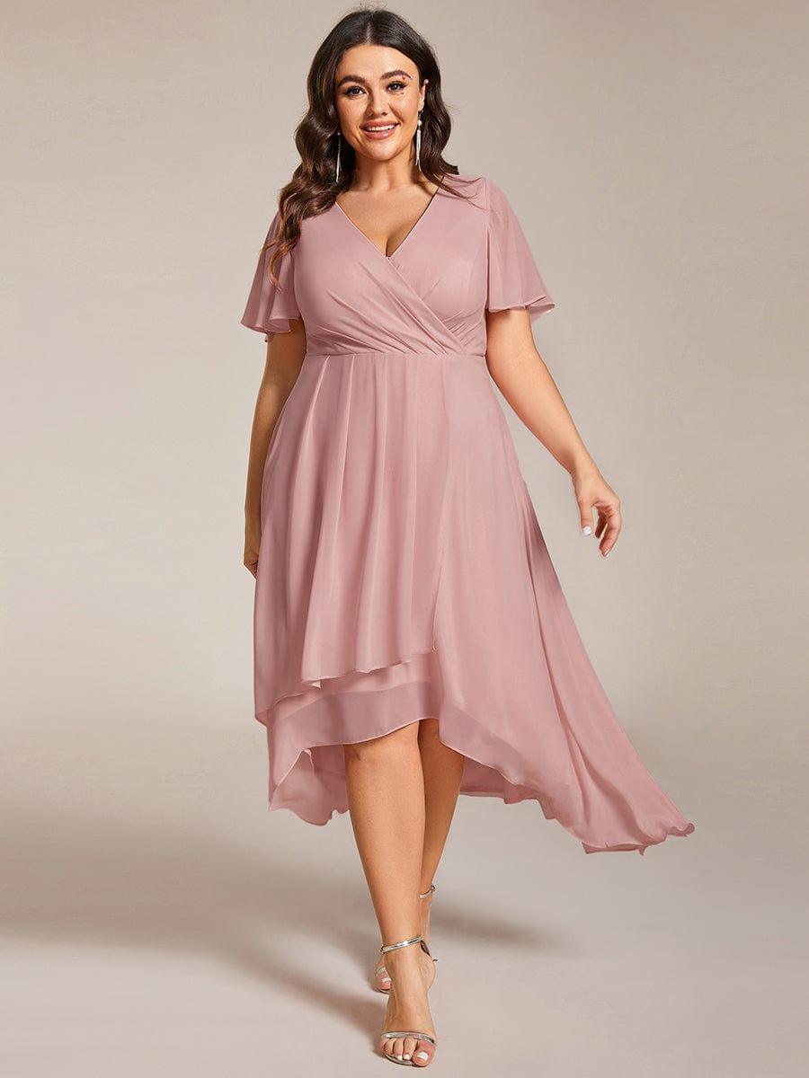 ever LARK|Ruffles Sleeve Pleated V-Neck A-Line Midi Chiffon Wedding Guest Dress