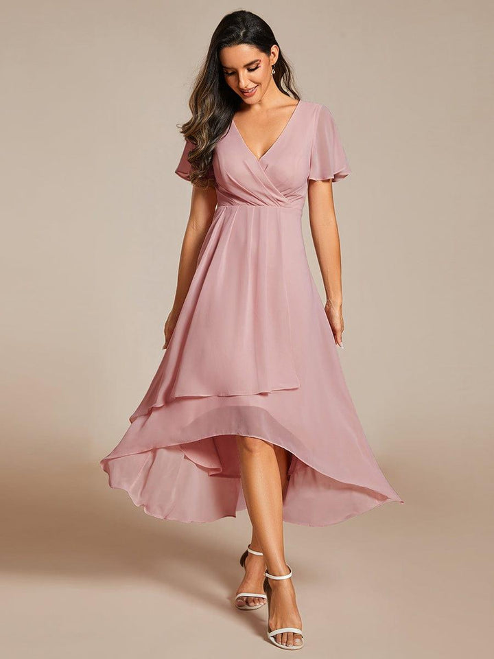 ever LARK|Ruffles Sleeve Pleated V-Neck A-Line Midi Chiffon Wedding Guest Dress
