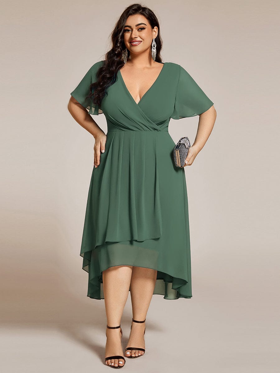 ever LARK|Ruffles Sleeve Pleated V-Neck A-Line Midi Chiffon Wedding Guest Dress