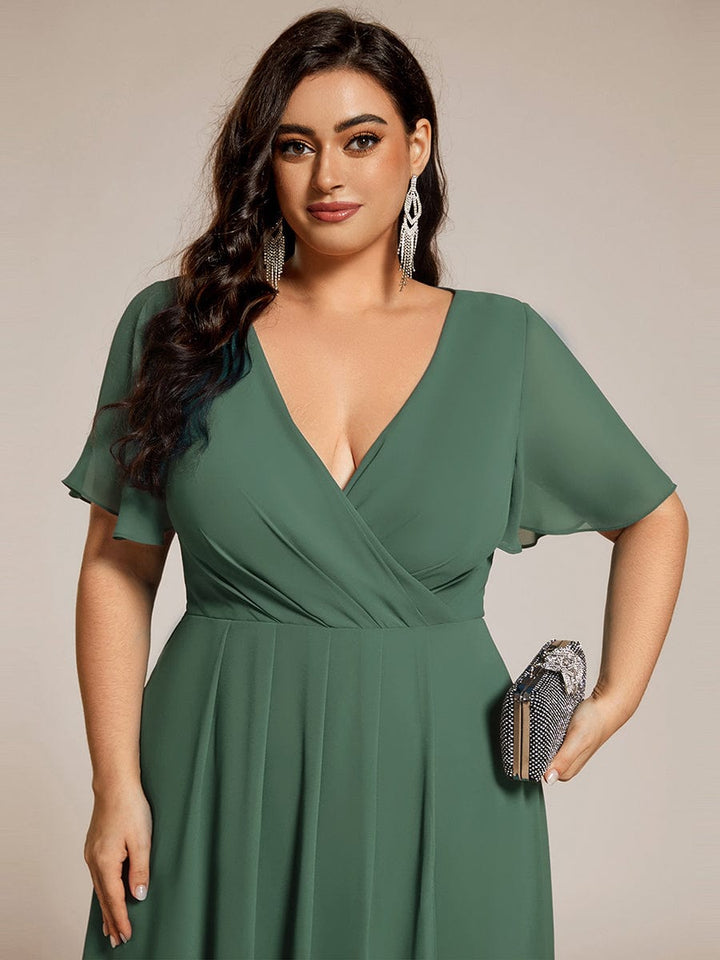 ever LARK|Ruffles Sleeve Pleated V-Neck A-Line Midi Chiffon Wedding Guest Dress