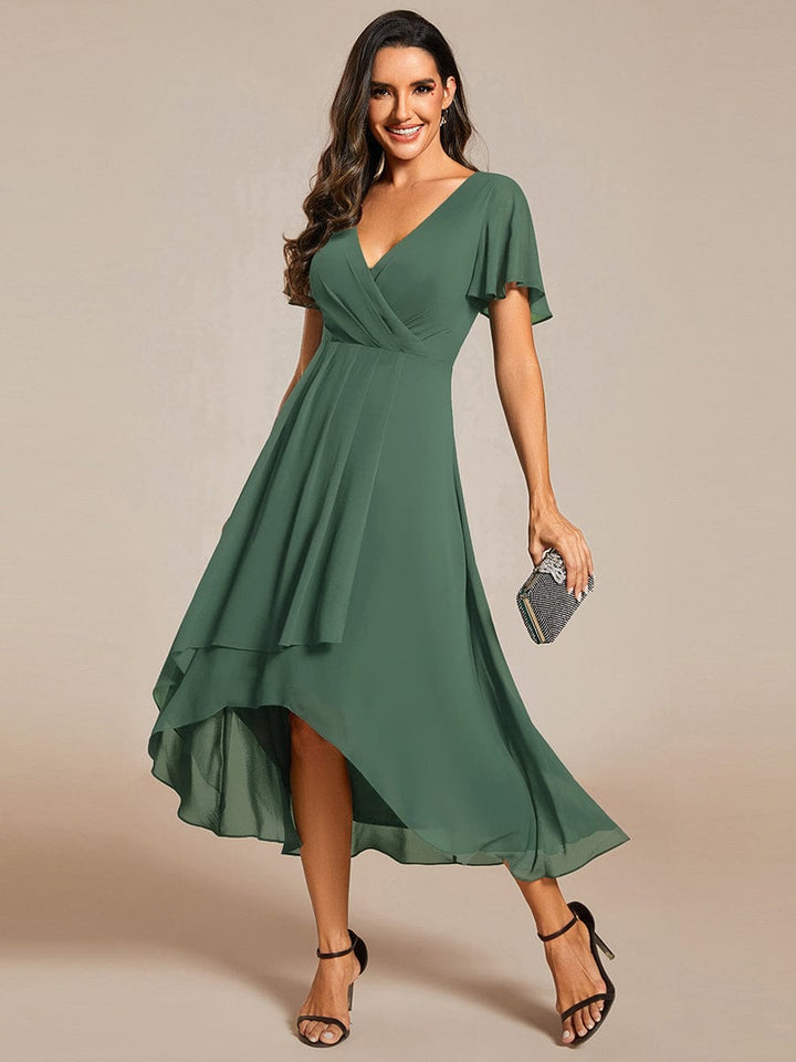 ever LARK|Ruffles Sleeve Pleated V-Neck A-Line Midi Chiffon Wedding Guest Dress