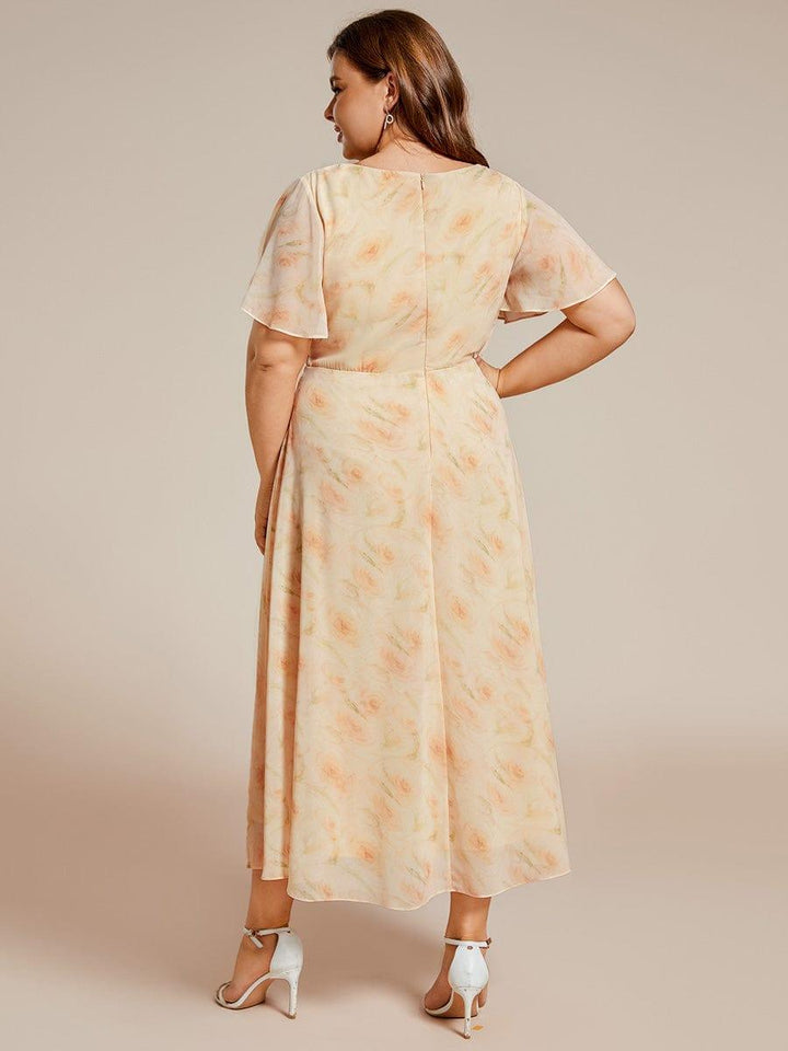 ever LARK|Ruffles Sleeve Pleated V-Neck A-Line Midi Chiffon Wedding Guest Dress