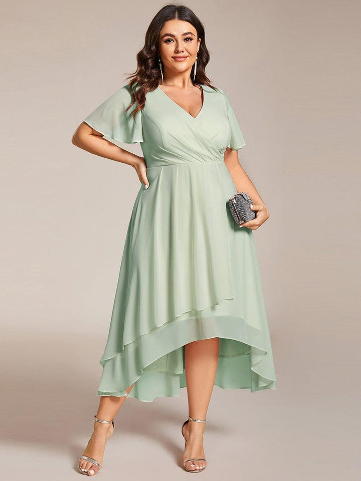 ever LARK|Ruffles Sleeve Pleated V-Neck A-Line Midi Chiffon Wedding Guest Dress