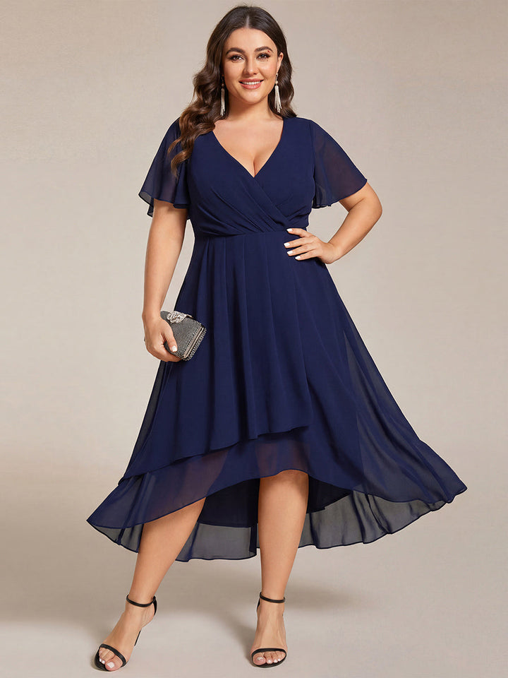 pretty LARK|Plus Size Chiffon Short Sleeves Pleated V-Neck A-Line Midi Wedding Guest Dress