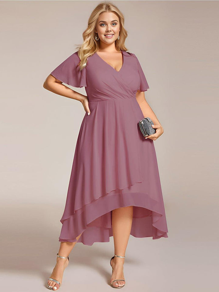 ever LARK|Ruffles Sleeve Pleated V-Neck A-Line Midi Chiffon Wedding Guest Dress