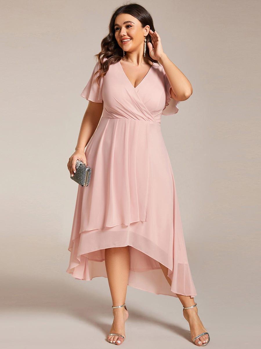 ever LARK|Ruffles Sleeve Pleated V-Neck A-Line Midi Chiffon Wedding Guest Dress