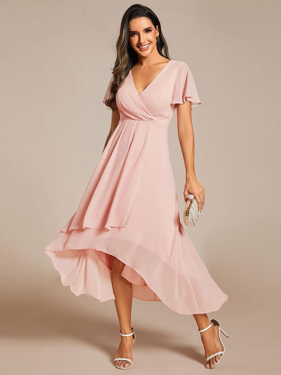 ever LARK|Ruffles Sleeve Pleated V-Neck A-Line Midi Chiffon Wedding Guest Dress
