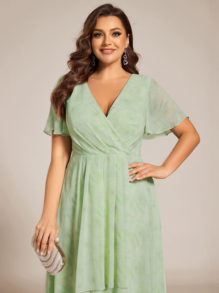 ever LARK|Ruffles Sleeve Pleated V-Neck A-Line Midi Chiffon Wedding Guest Dress
