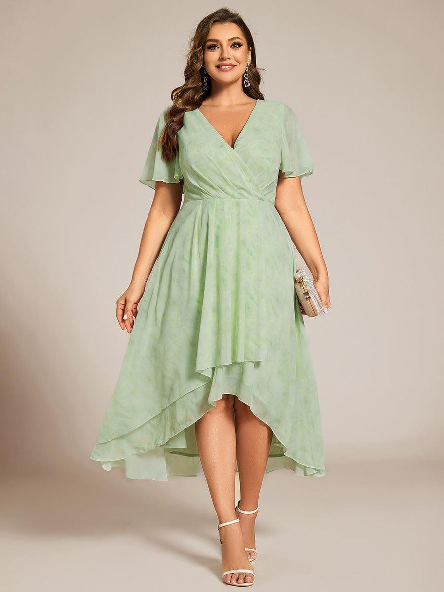 ever LARK|Ruffles Sleeve Pleated V-Neck A-Line Midi Chiffon Wedding Guest Dress
