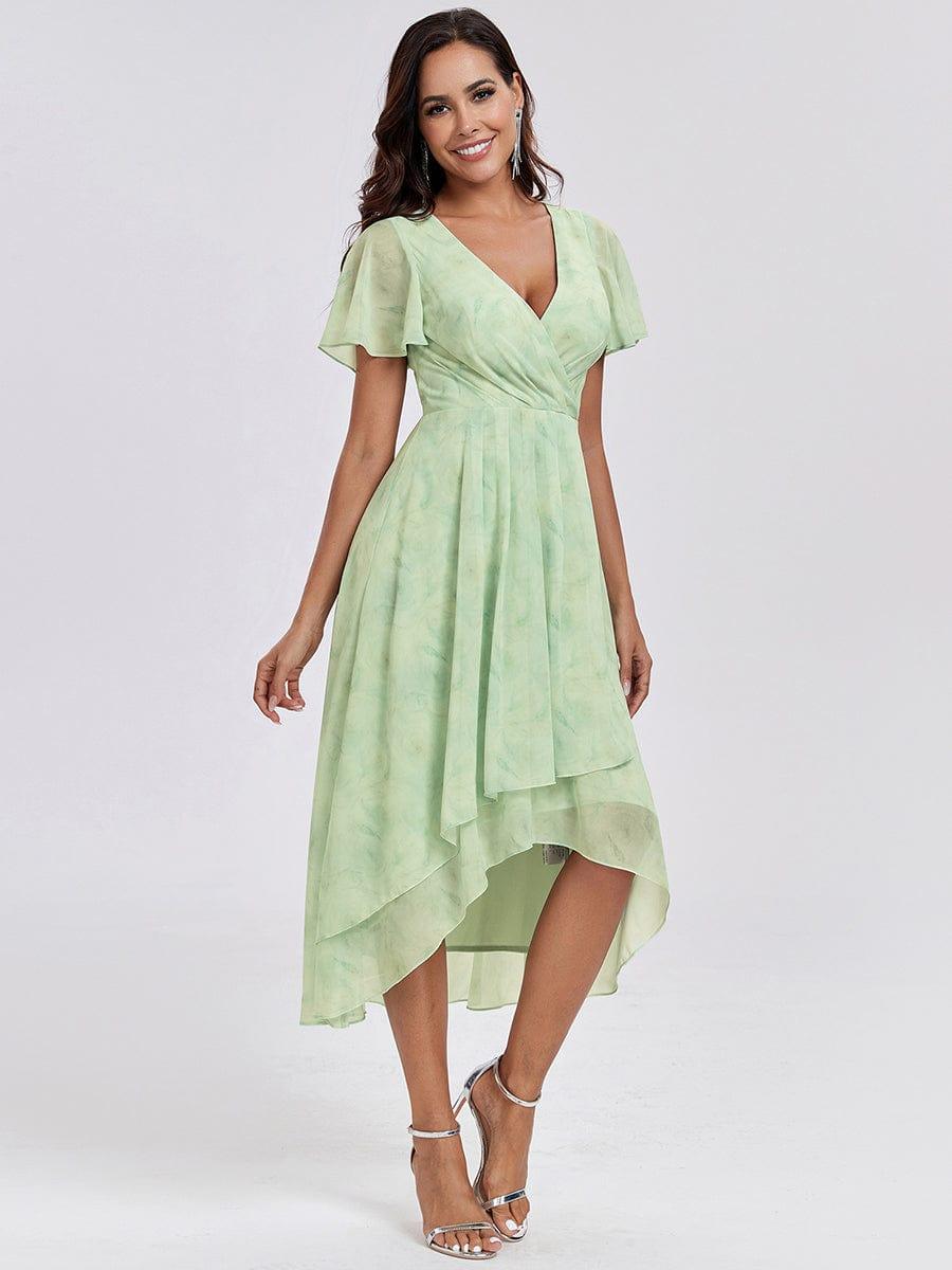 ever LARK|Ruffles Sleeve Pleated V-Neck A-Line Midi Chiffon Wedding Guest Dress