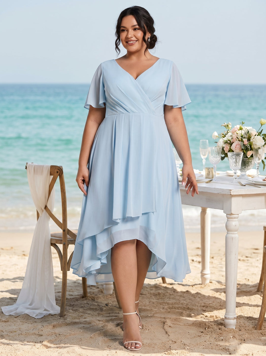ever LARK|Ruffles Sleeve Pleated V-Neck A-Line Midi Chiffon Wedding Guest Dress