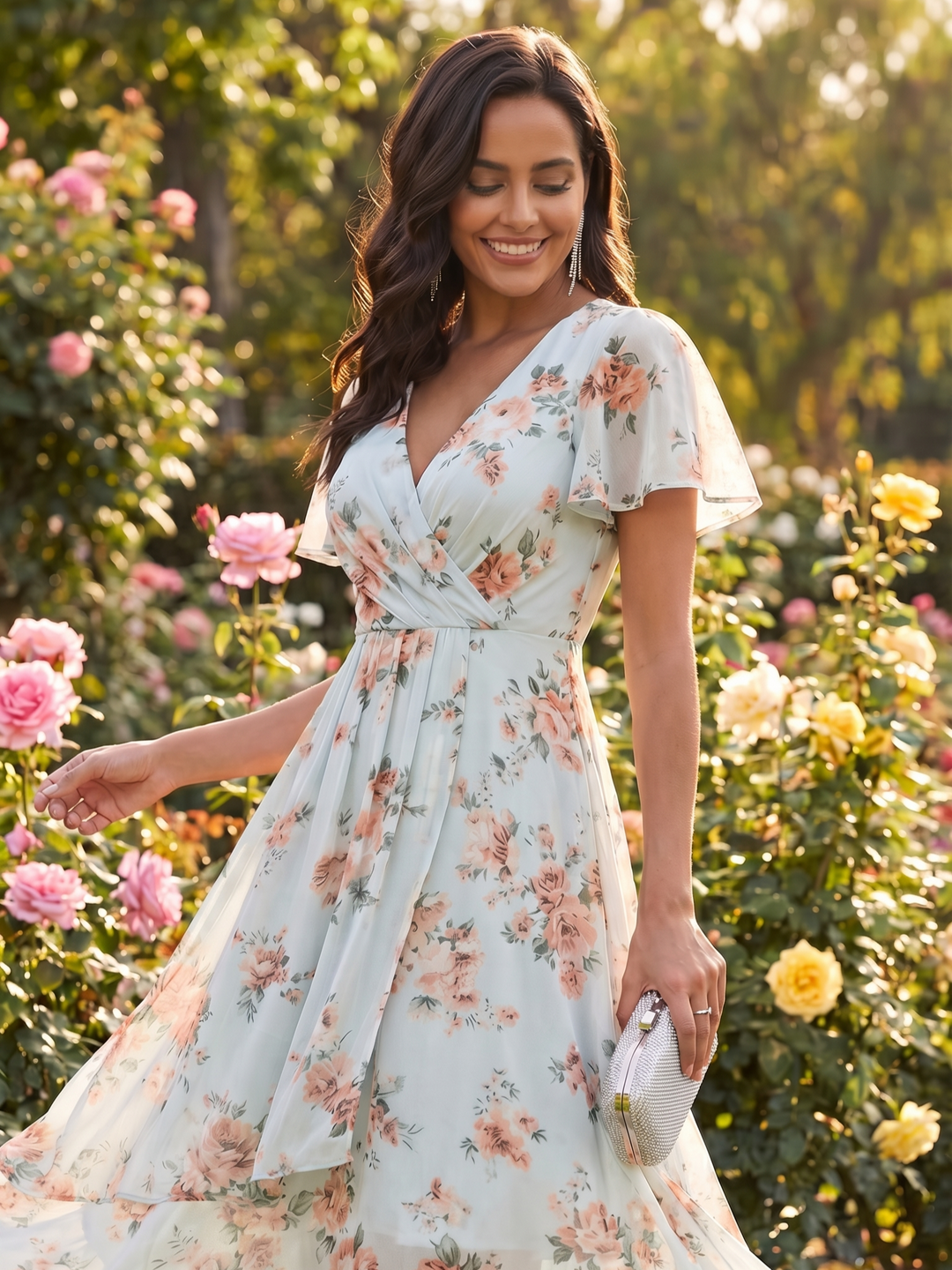 ever LARK|Ruffles Sleeve Pleated V-Neck A-Line Midi Chiffon Wedding Guest Dress