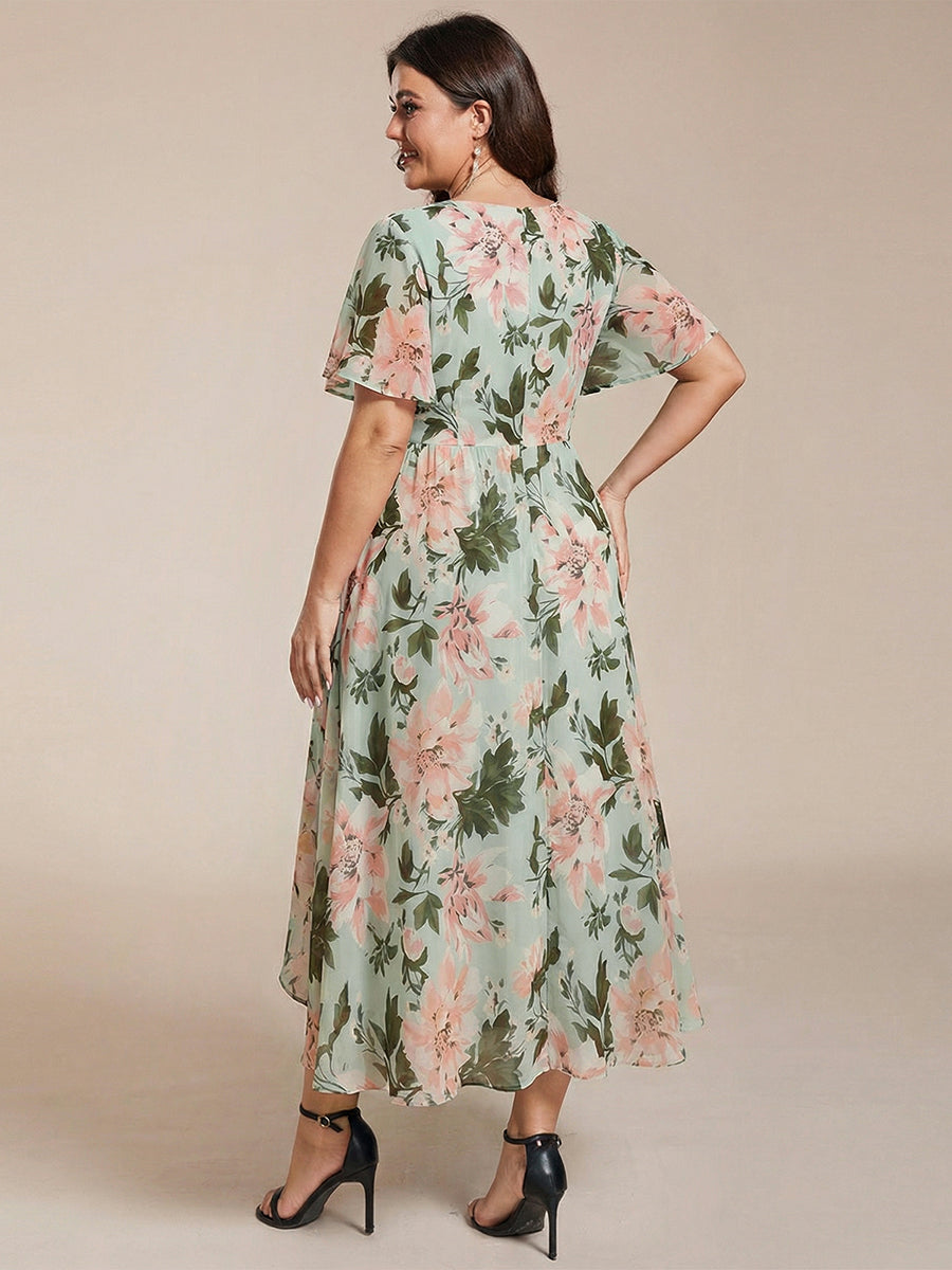 ever LARK|Ruffles Sleeve Pleated V-Neck A-Line Midi Chiffon Wedding Guest Dress