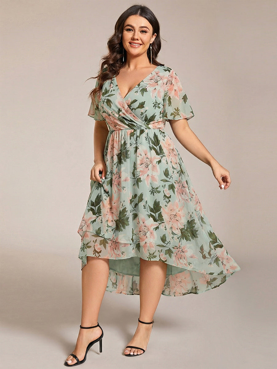 ever LARK|Ruffles Sleeve Pleated V-Neck A-Line Midi Chiffon Wedding Guest Dress
