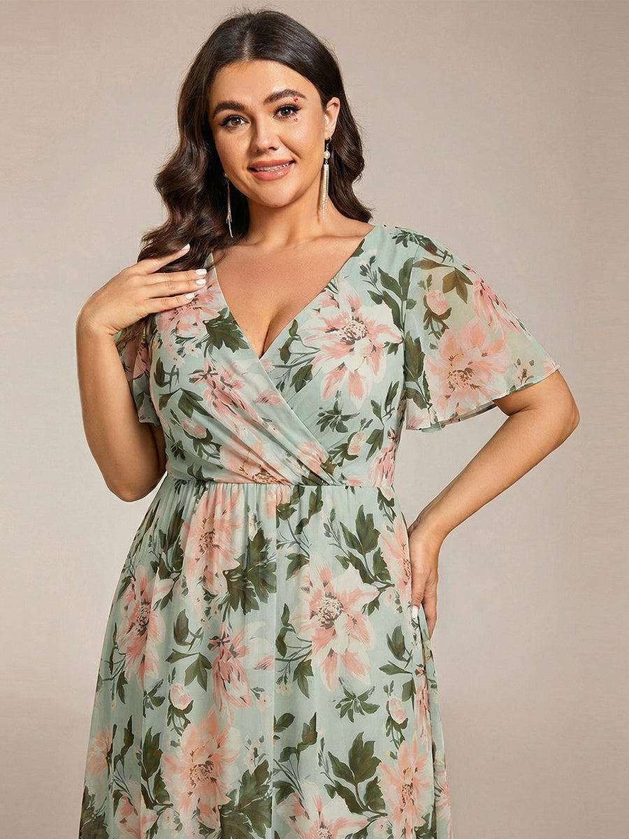 ever LARK|Ruffles Sleeve Pleated V-Neck A-Line Midi Chiffon Wedding Guest Dress