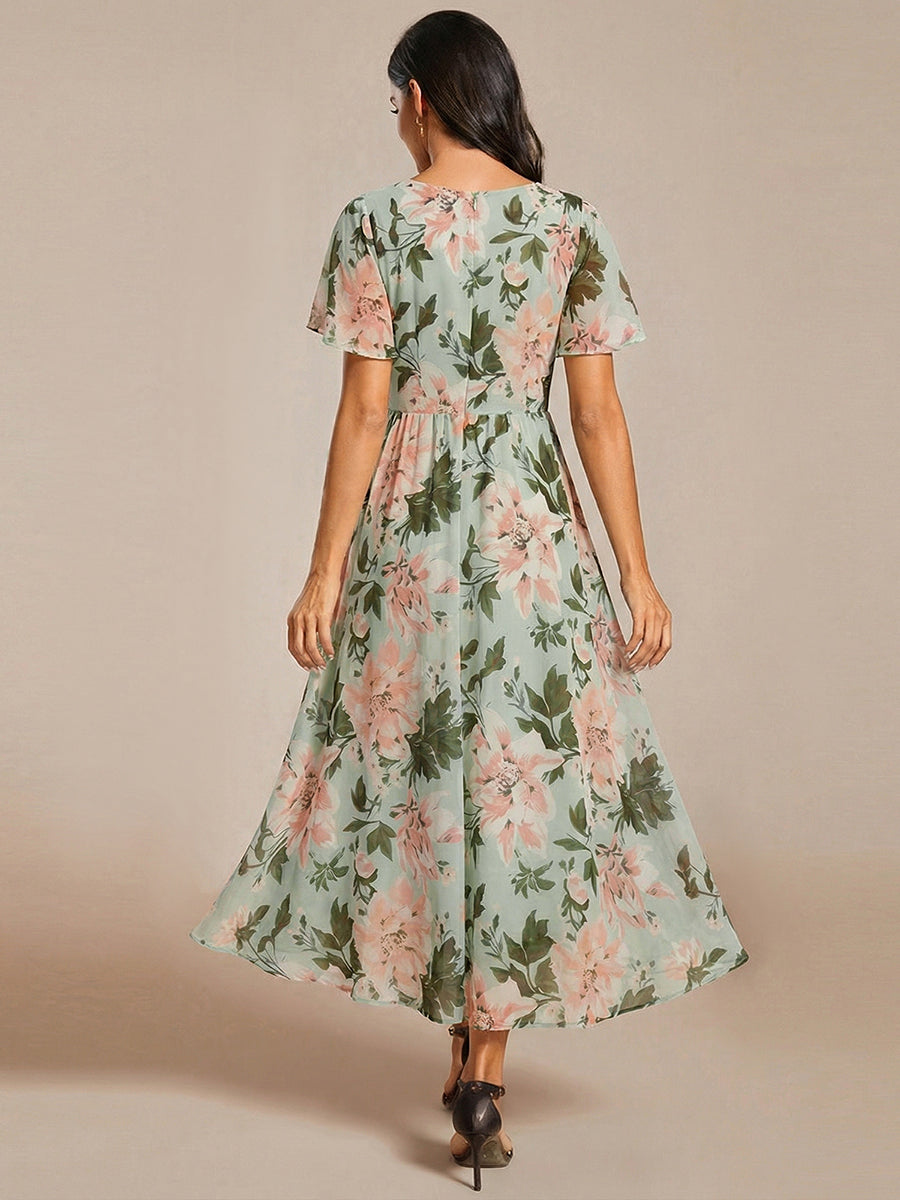 ever LARK|Ruffles Sleeve Pleated V-Neck A-Line Midi Chiffon Wedding Guest Dress