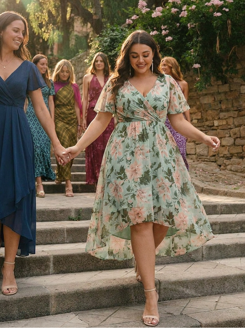 pretty LARK|Plus Size Chiffon Short Sleeves Pleated V-Neck A-Line Midi Wedding Guest Dress