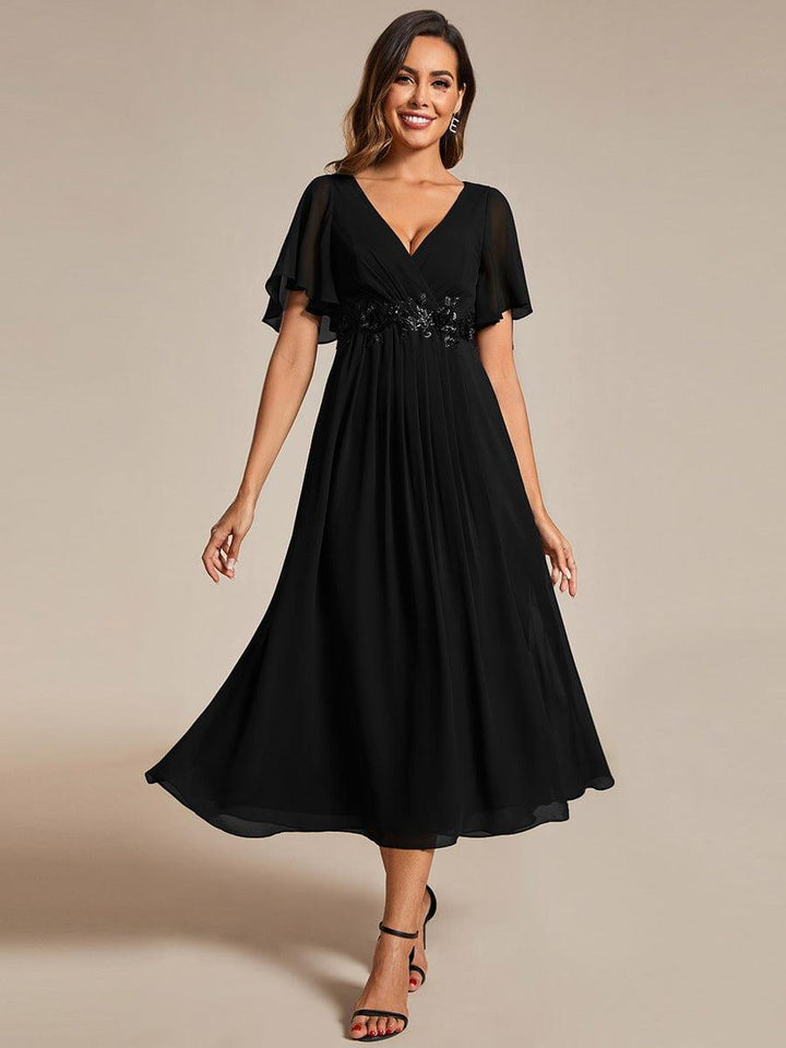 ever DAHLIA|Short Sleeves V-Neck Tea Length Wedding Guest Dress with Floral Applique