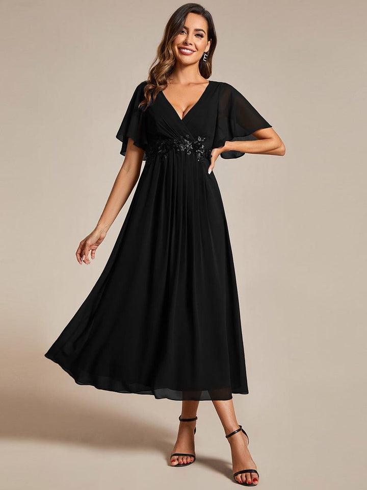 ever DAHLIA|Short Sleeves V-Neck Tea Length Wedding Guest Dress with Floral Applique