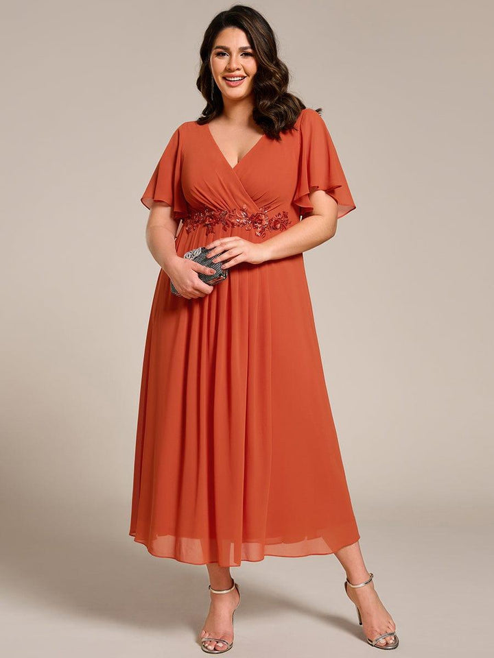 ever DAHLIA|Short Sleeves V-Neck Tea Length Wedding Guest Dress with Floral Applique