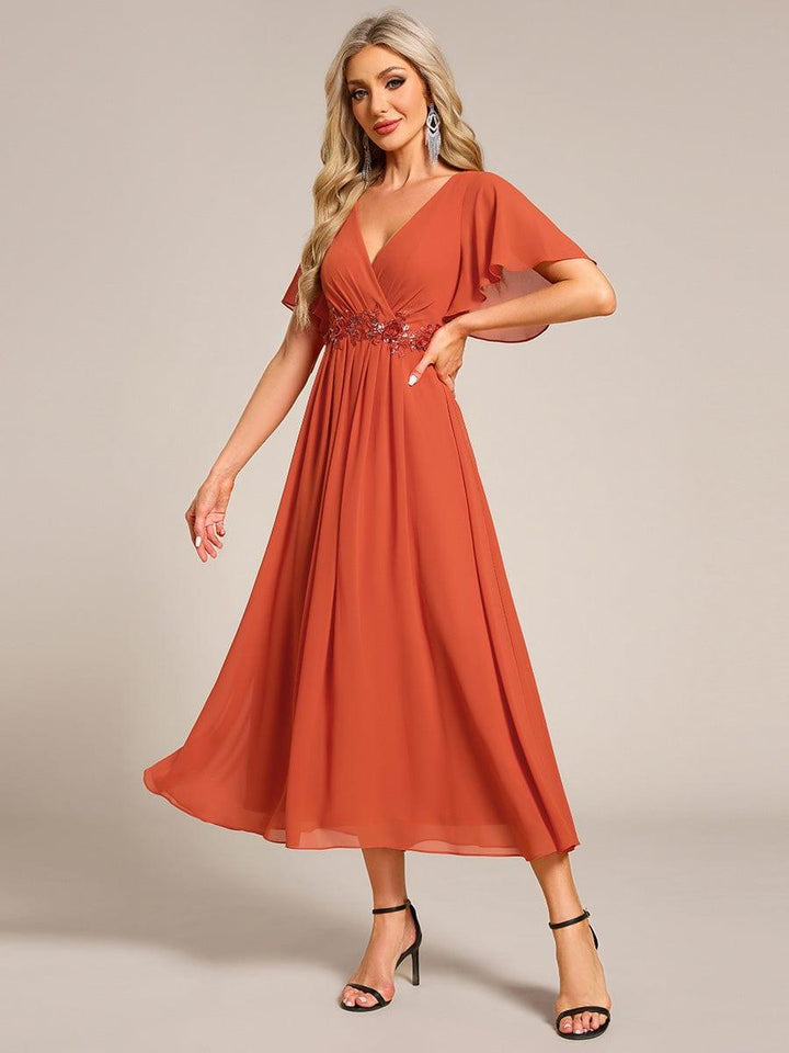 ever DAHLIA|Short Sleeves V-Neck Tea Length Wedding Guest Dress with Floral Applique