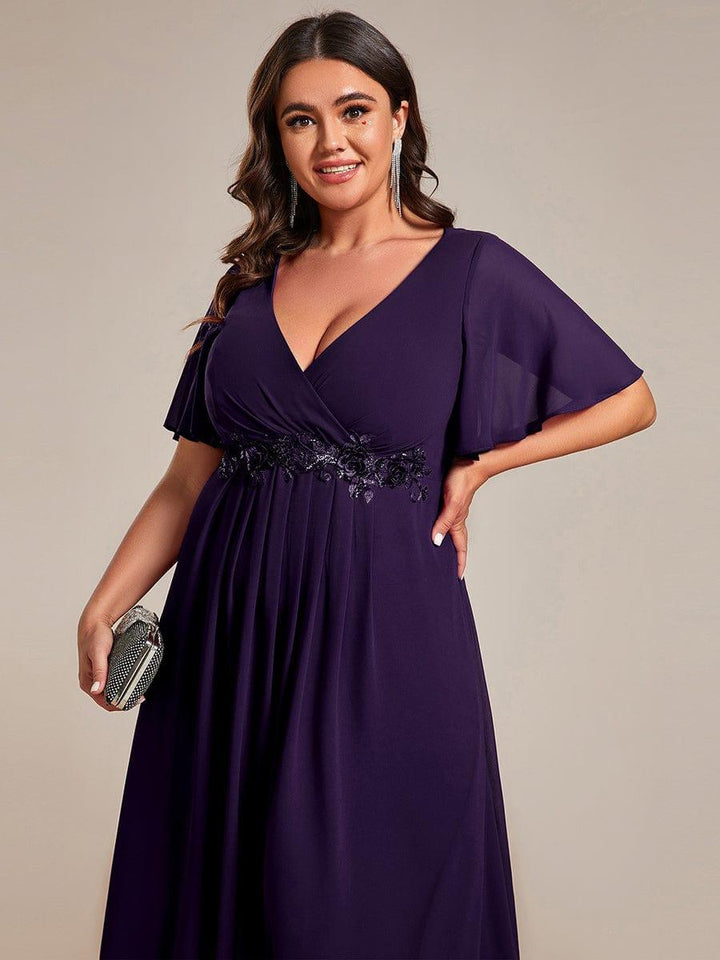 ever DAHLIA|Short Sleeves V-Neck Tea Length Wedding Guest Dress with Floral Applique