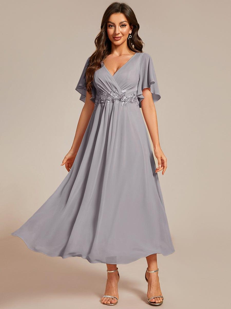 ever DAHLIA|Short Sleeves V-Neck Tea Length Wedding Guest Dress with Floral Applique