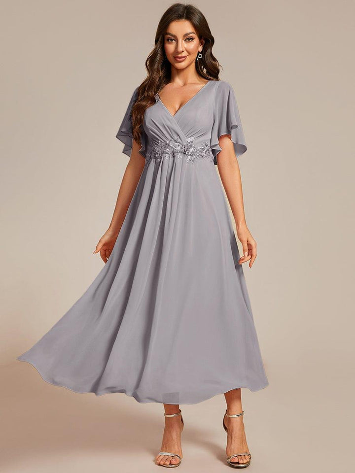 ever DAHLIA|Short Sleeves V-Neck Tea Length Wedding Guest Dress with Floral Applique