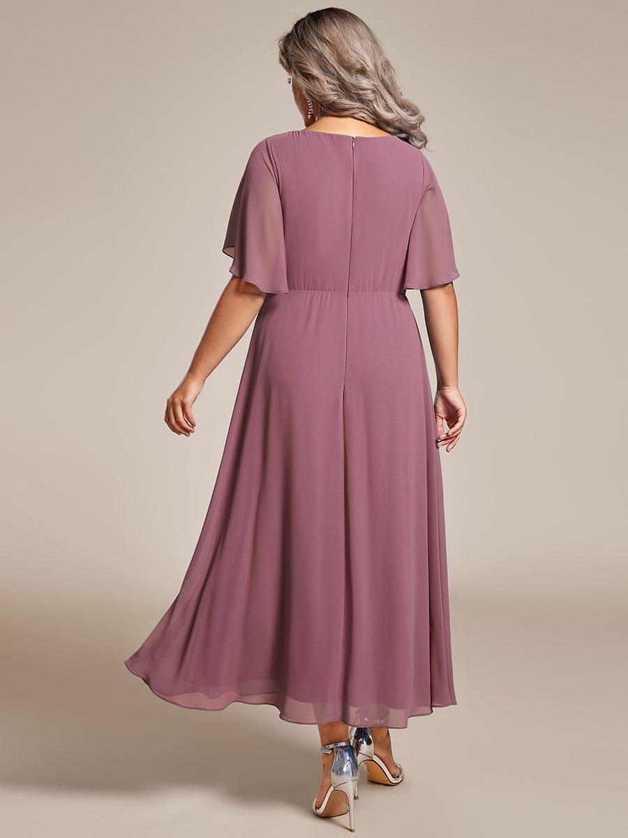 ever DAHLIA|Short Sleeves V-Neck Tea Length Wedding Guest Dress with Floral Applique