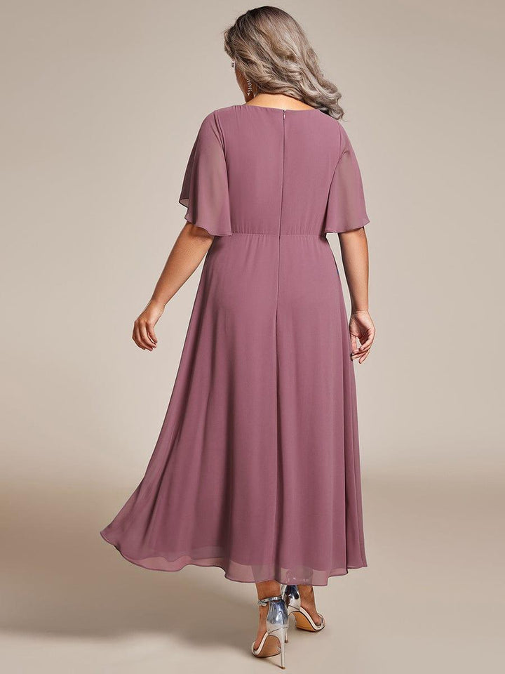 ever DAHLIA|Short Sleeves V-Neck Tea Length Wedding Guest Dress with Floral Applique