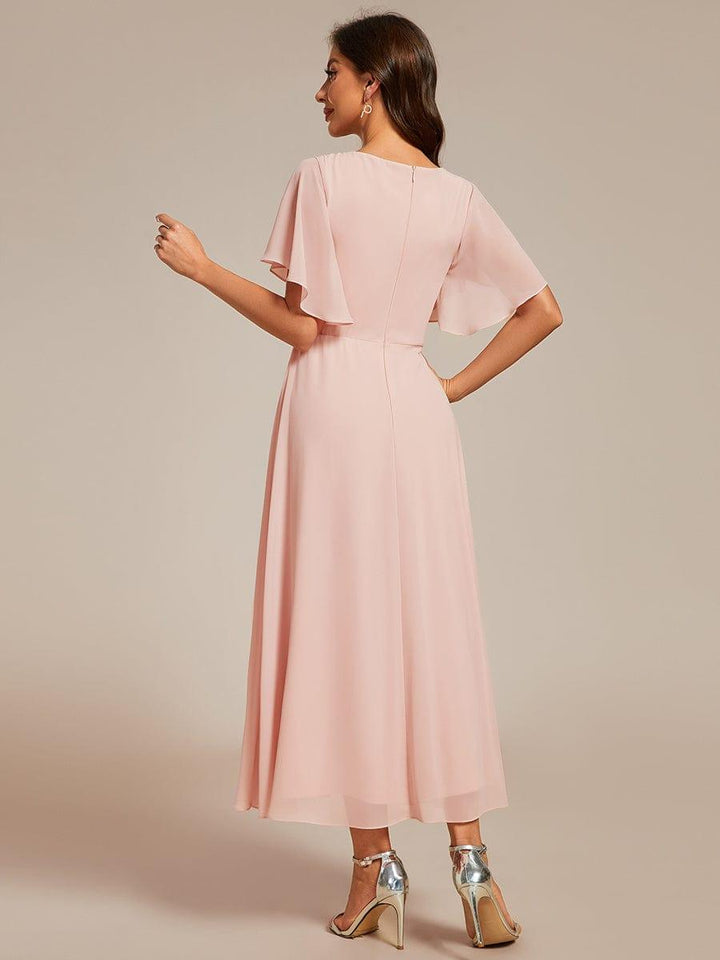 ever DAHLIA|Short Sleeves V-Neck Tea Length Wedding Guest Dress with Floral Applique