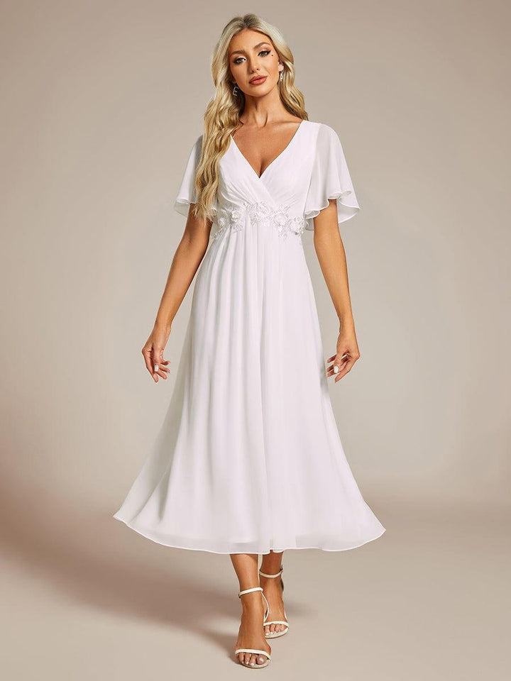 ever DAHLIA|Short Sleeves V-Neck Tea Length Wedding Guest Dress with Floral Applique