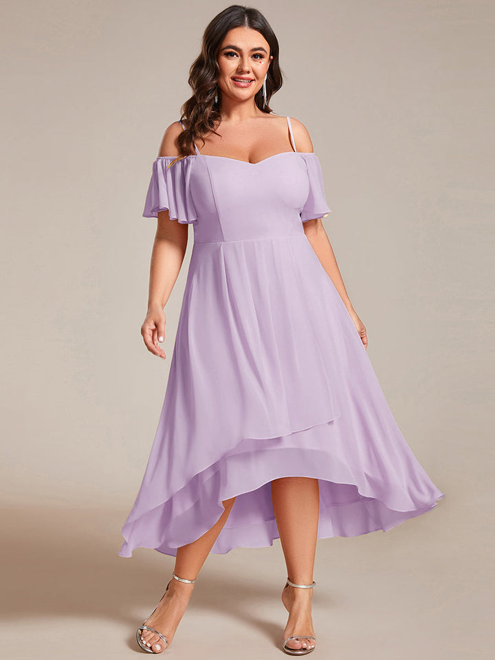 pretty JORDANE|Plus Size Cold Shoulder Sweetheart Necklin Chiffon Midi Wedding Guest Dress