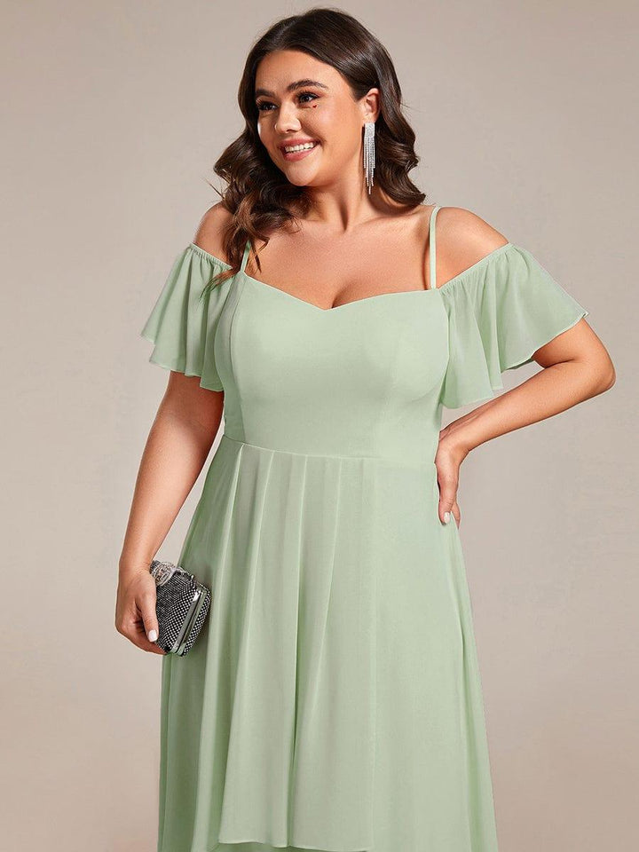 pretty JORDANE|Plus Size Cold Shoulder Sweetheart Necklin Chiffon Midi Wedding Guest Dress
