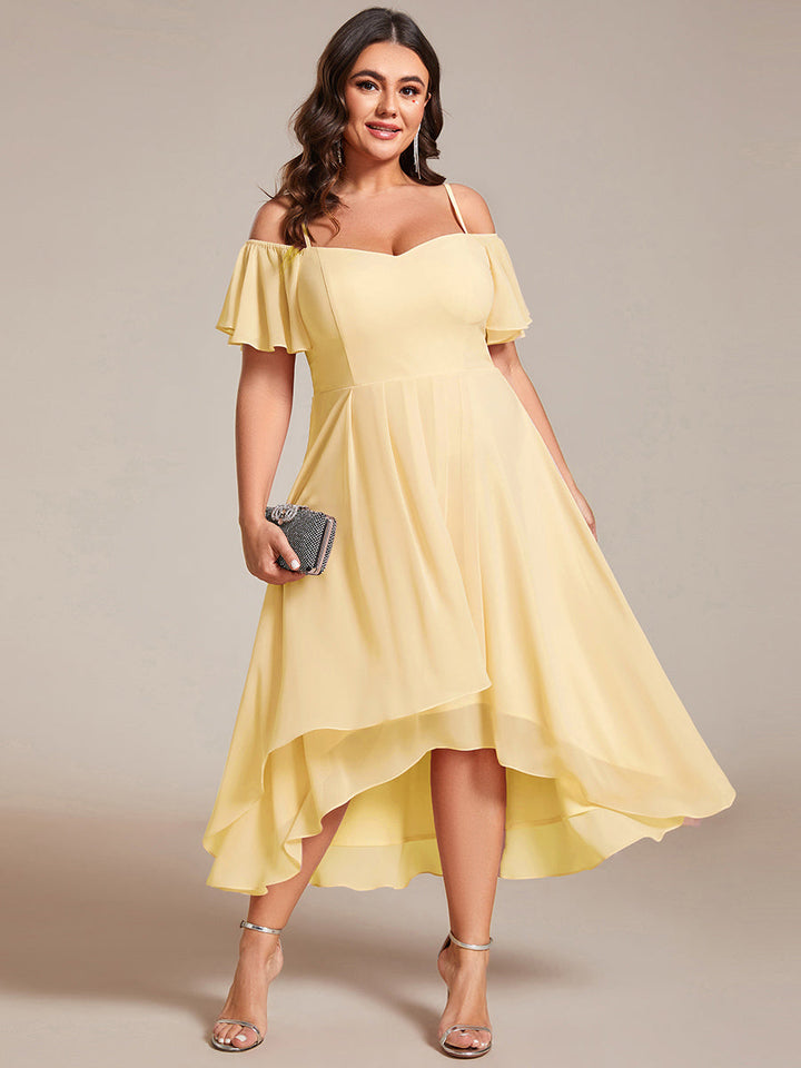 pretty JORDANE|Plus Size Cold Shoulder Sweetheart Necklin Chiffon Midi Wedding Guest Dress