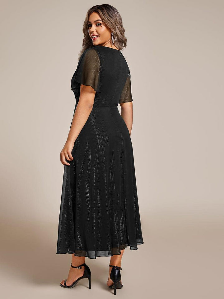 pretty OPAHL|Plus Size Silver Metallic Fabric V-Neck A-Line Wedding Guest Dress featuring Delicate Ruffled Hem