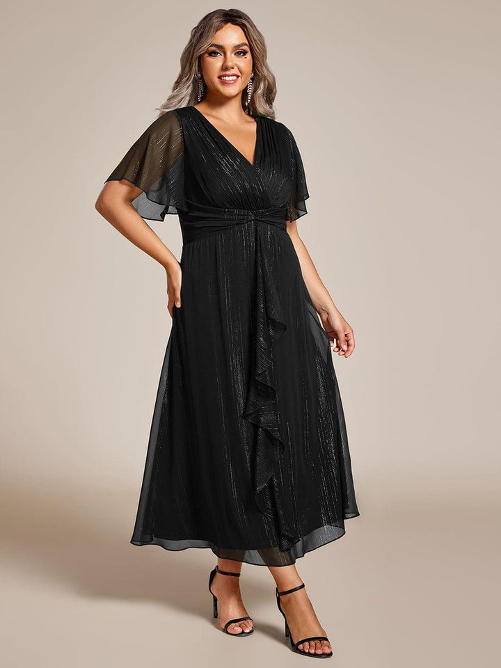pretty OPAHL|Plus Size Silver Metallic Fabric V-Neck A-Line Wedding Guest Dress featuring Delicate Ruffled Hem