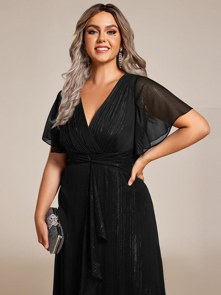 pretty OPAHL|Plus Size Silver Metallic Fabric V-Neck A-Line Wedding Guest Dress featuring Delicate Ruffled Hem
