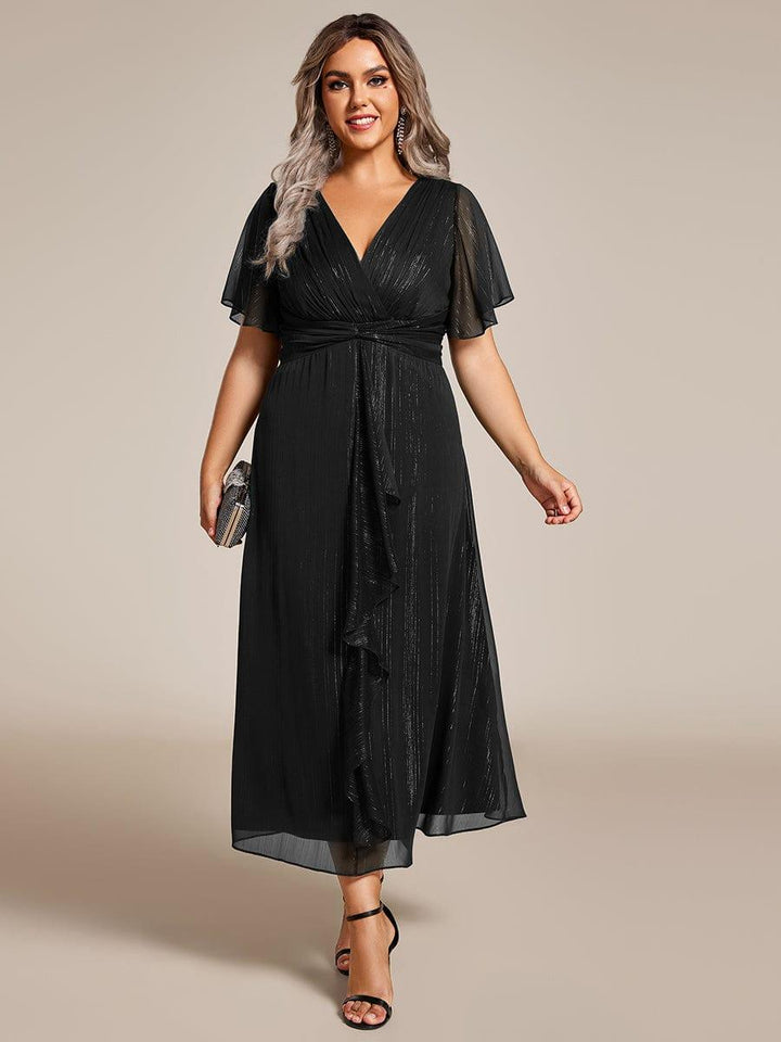 pretty OPAHL|Plus Size Silver Metallic Fabric V-Neck A-Line Wedding Guest Dress featuring Delicate Ruffled Hem