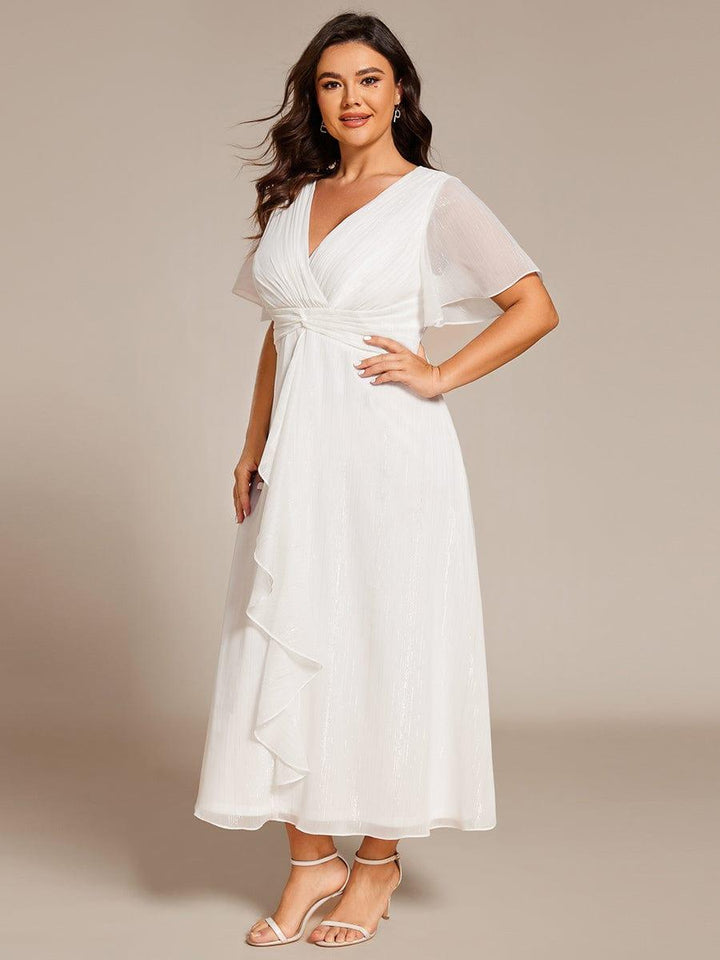 pretty OPAHL|Plus Size Silver Metallic Fabric V-Neck A-Line Wedding Guest Dress featuring Delicate Ruffled Hem