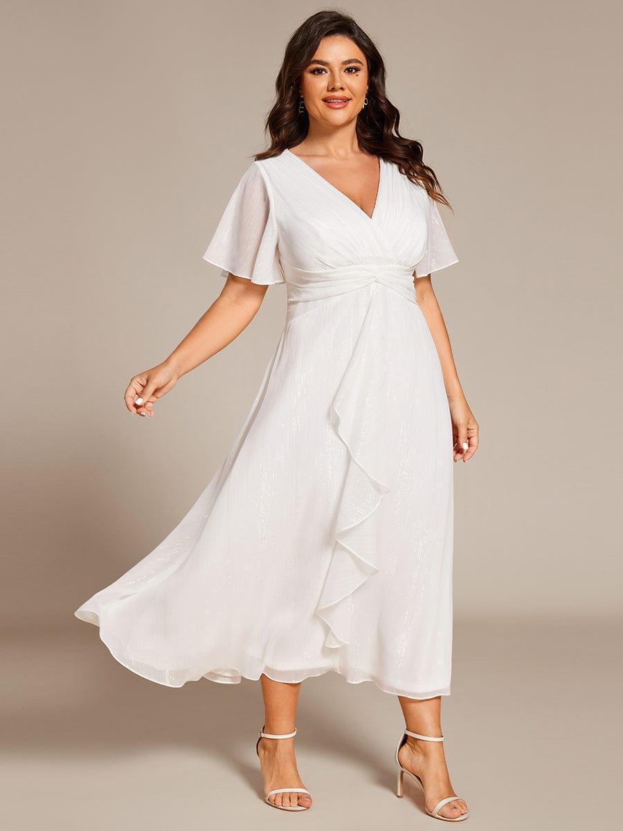 pretty OPAHL|Plus Size Silver Metallic Fabric V-Neck A-Line Wedding Guest Dress featuring Delicate Ruffled Hem