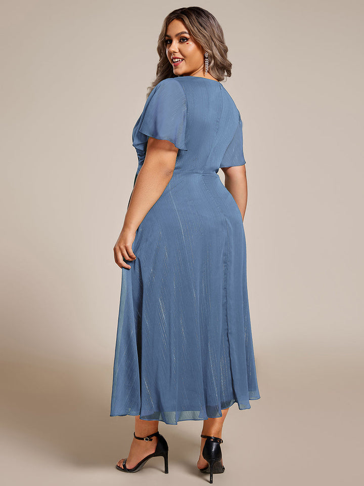 pretty OPAHL|Plus Size Silver Metallic Fabric V-Neck A-Line Wedding Guest Dress featuring Delicate Ruffled Hem