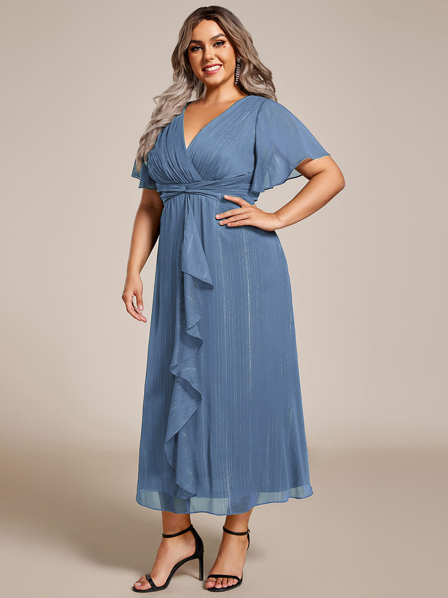 pretty OPAHL|Plus Size Silver Metallic Fabric V-Neck A-Line Wedding Guest Dress featuring Delicate Ruffled Hem