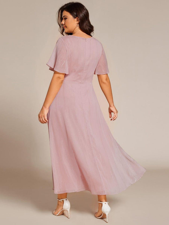 pretty OPAHL|Plus Size Silver Metallic Fabric V-Neck A-Line Wedding Guest Dress featuring Delicate Ruffled Hem