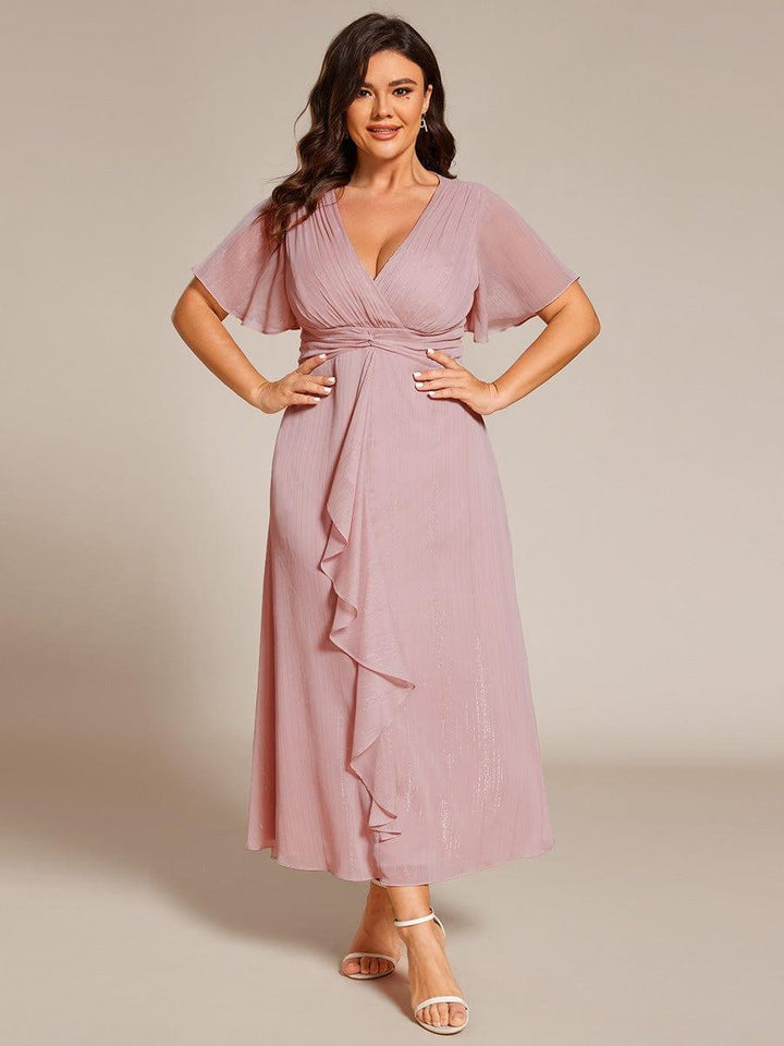 pretty OPAHL|Plus Size Silver Metallic Fabric V-Neck A-Line Wedding Guest Dress featuring Delicate Ruffled Hem