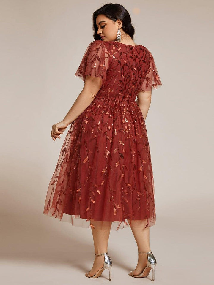 pretty SIMONE|Plus Size Sparkly A-Line Midi Tulle Formal Wedding Guest Dress with Leaf Sequin