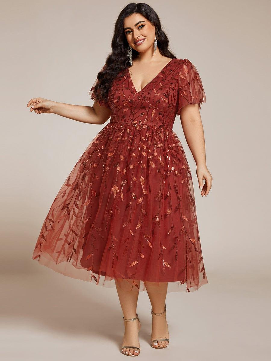 ever SIMONE|Short Sleeves Leaf Sequin A-Line Midi Formal Wedding Guest Dress