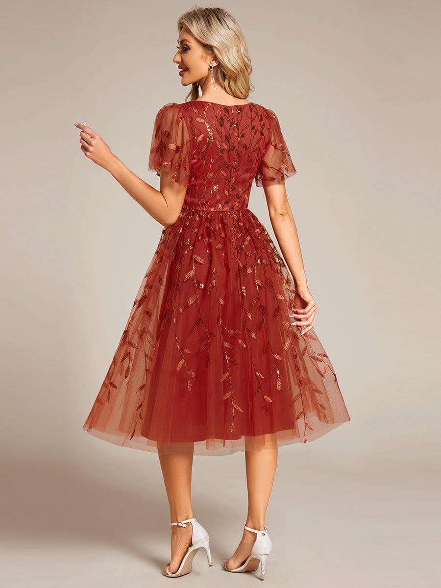 ever SIMONE|Short Sleeves Leaf Sequin A-Line Midi Formal Wedding Guest Dress