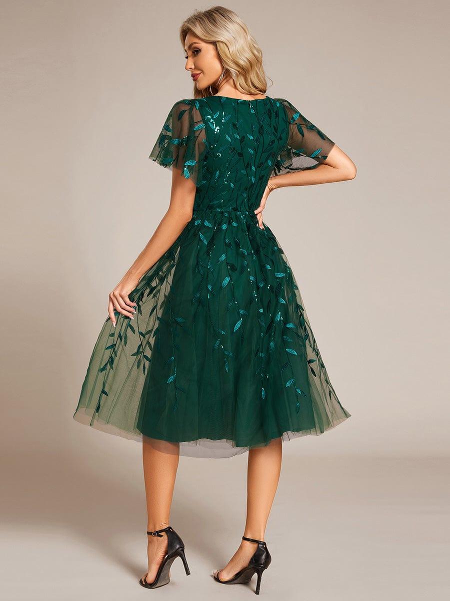 ever SIMONE|Short Sleeves Leaf Sequin A-Line Midi Formal Wedding Guest Dress
